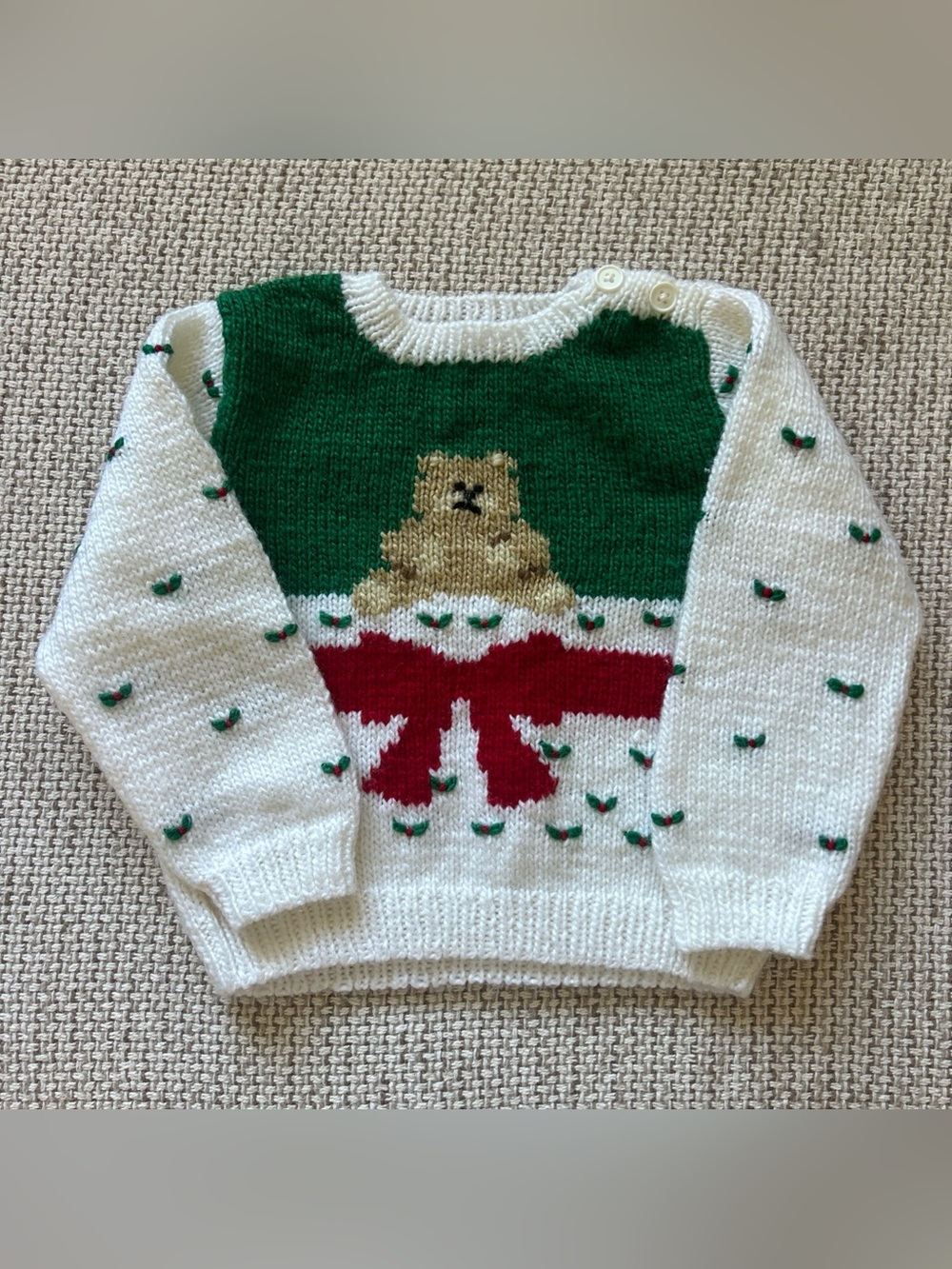 Puzzles Vintage Christmas Teddy Bear Knit Sweater  Sz 4T Green White Red Holiday